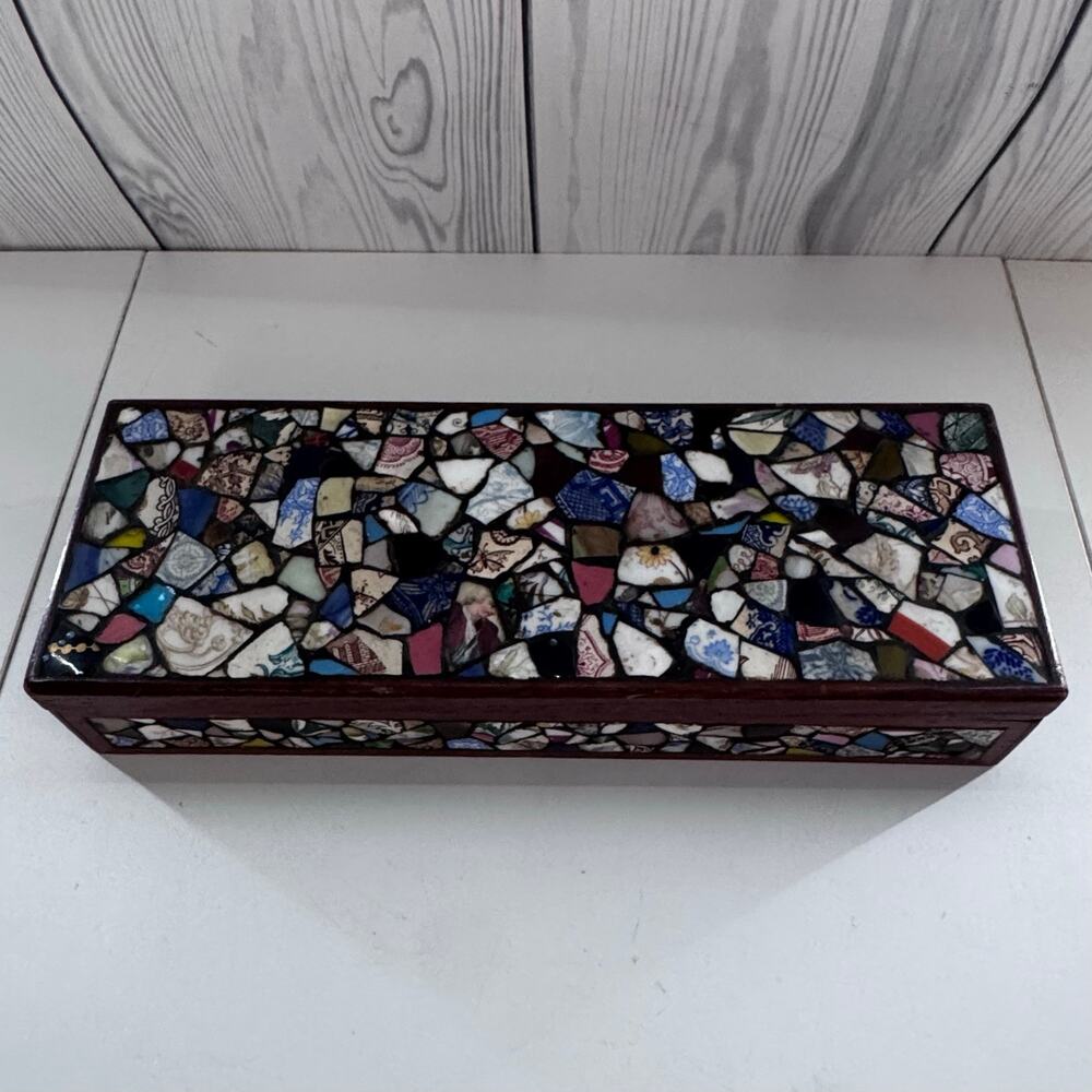 Vintage Memory Ware Box pique-assiette Mosaic MCM Wooden Folk Art Box